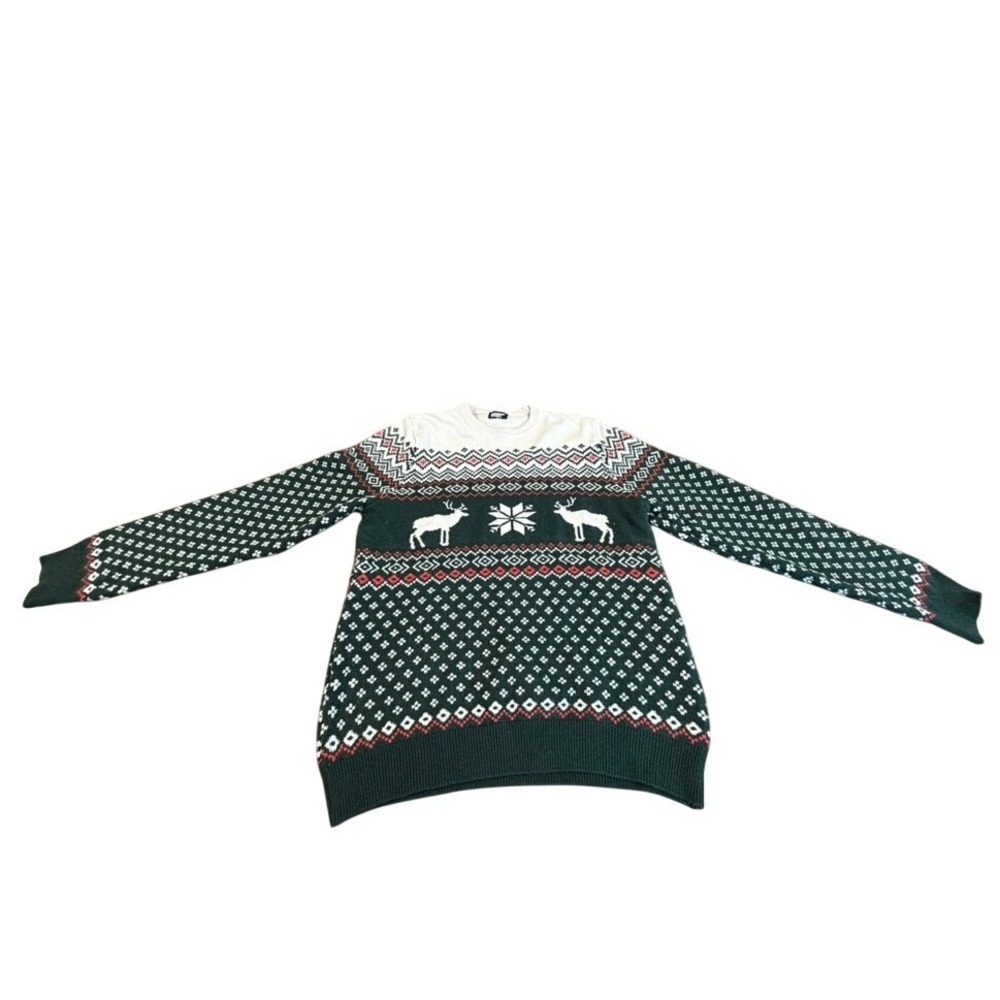 Lands End Mens Fair Isle Reindeer Snowflake Knit Sweater Green Red White XL